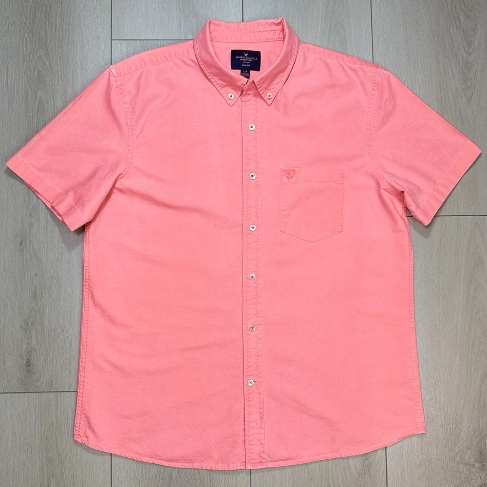 American Eagle Y2K Top Button Shirt Mens Large Coral Pink Short Sleeve Slim Fit